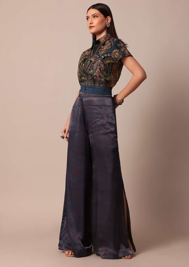 Blue Printed Festive Crop Top With Embroidered Jacket And Palazzo Set