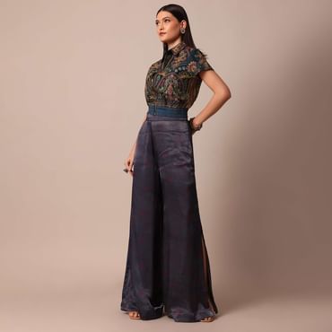 Blue Printed Festive Crop Top With Embroidered Jacket And Palazzo Set