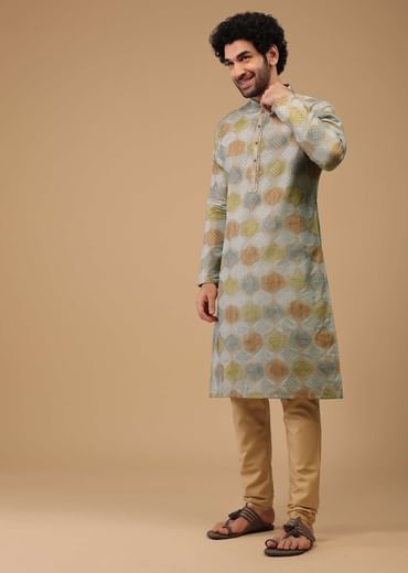 Blue Printed Kurta Set In Handwoven Silk