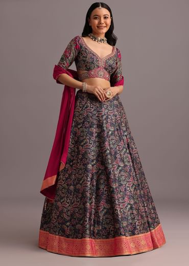 Blue Printed Lehenga Choli With Banarasi Weave Bordered Dupatta