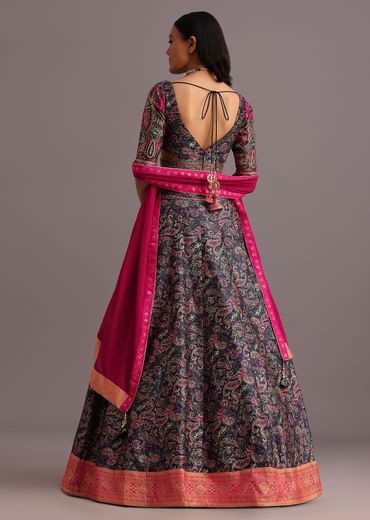 Blue Printed Lehenga Choli With Banarasi Weave Bordered Dupatta