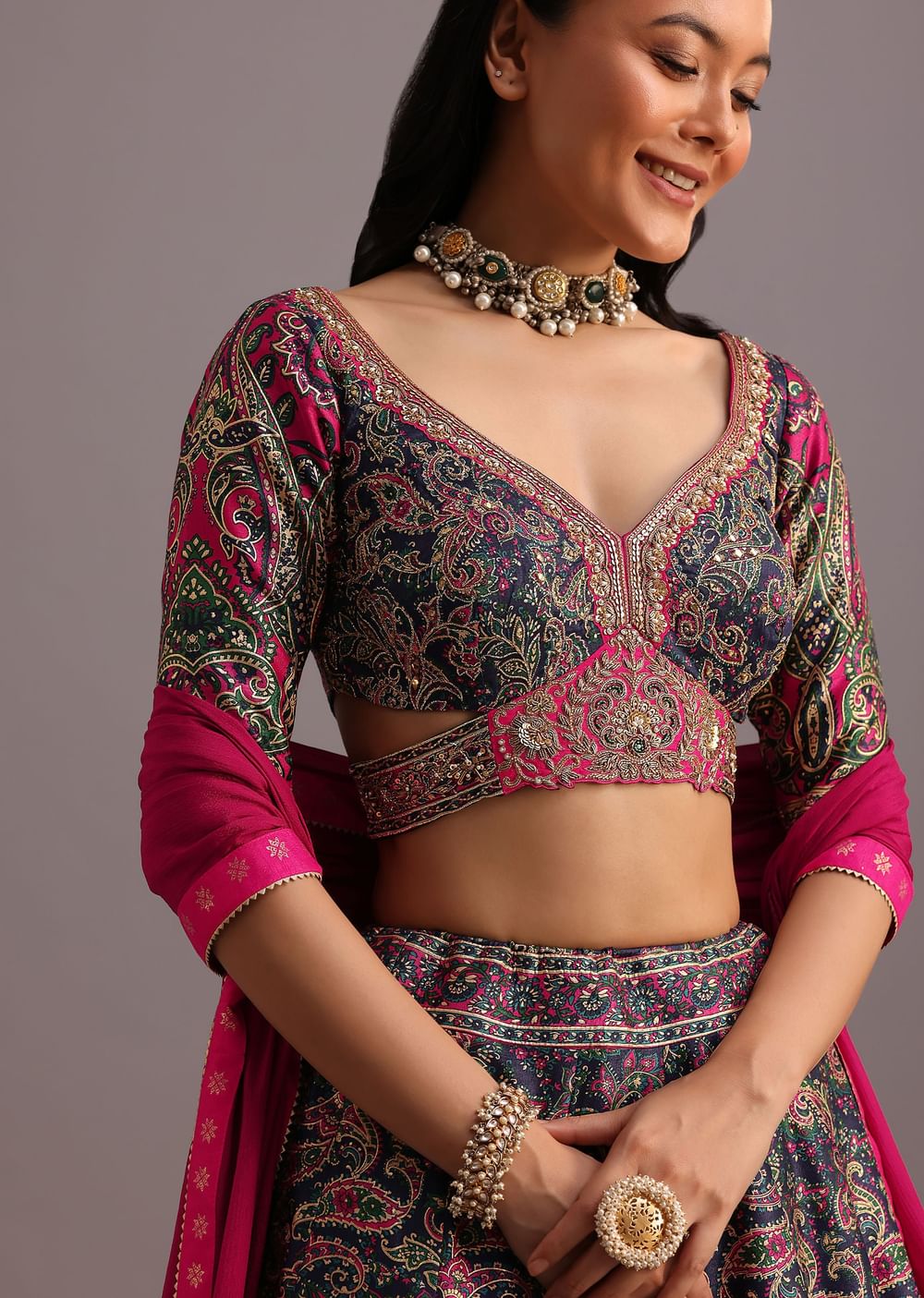 Blue Printed Lehenga Choli With Banarasi Weave Bordered Dupatta