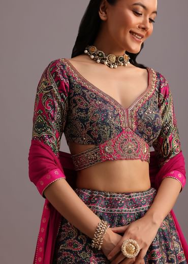 Blue Printed Lehenga Choli With Banarasi Weave Bordered Dupatta