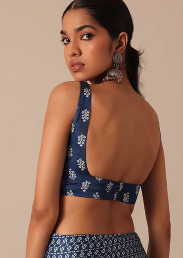 Blue Printed Saree In Satin With Tassel Pallu And Unstitched Blouse Piece