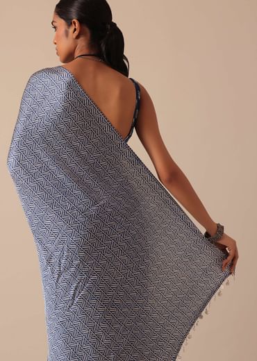 Blue Printed Saree In Satin With Tassel Detail And Unstitched Blouse Fabric