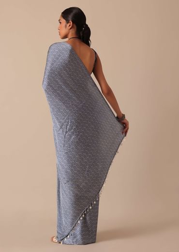 Blue Printed Saree In Satin With Tassel Detail And Unstitched Blouse Fabric