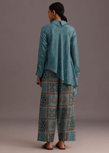 Blue Printed Shirt And Pant With Embroidery
