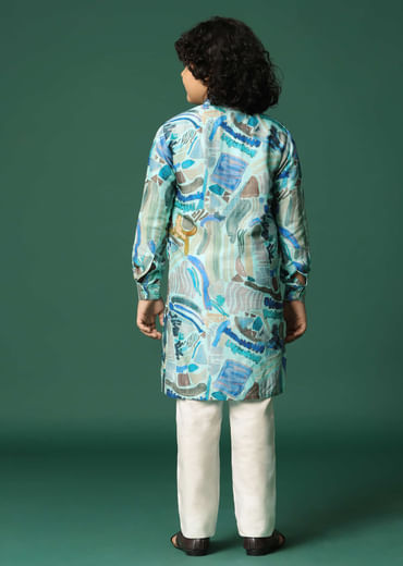 Blue Printed Silk Kurta Pant For Boys