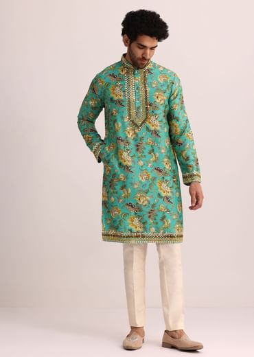 Blue Printed Silk Kurta Set Wth Mirror Work