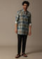 Blue Printed Silk Short Kurta Set For Men