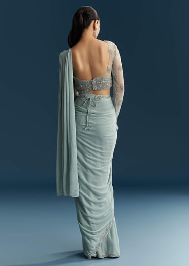 Blue Ready Pleated Saree With Beads And Moti Work