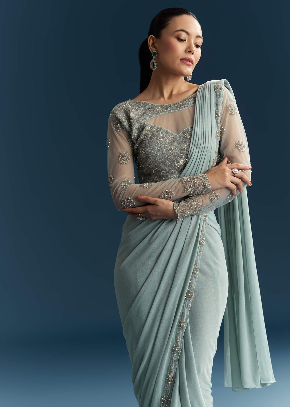 Blue Ready Pleated Saree With Beads And Moti Work