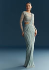 Blue Ready Pleated Saree With Beads And Moti Work