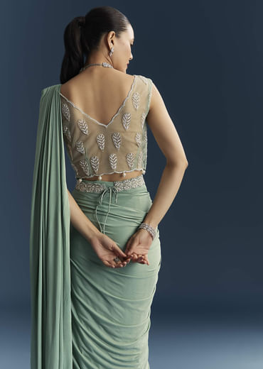 Blue Ready Pleated Saree With Cutdana And Sequins Work