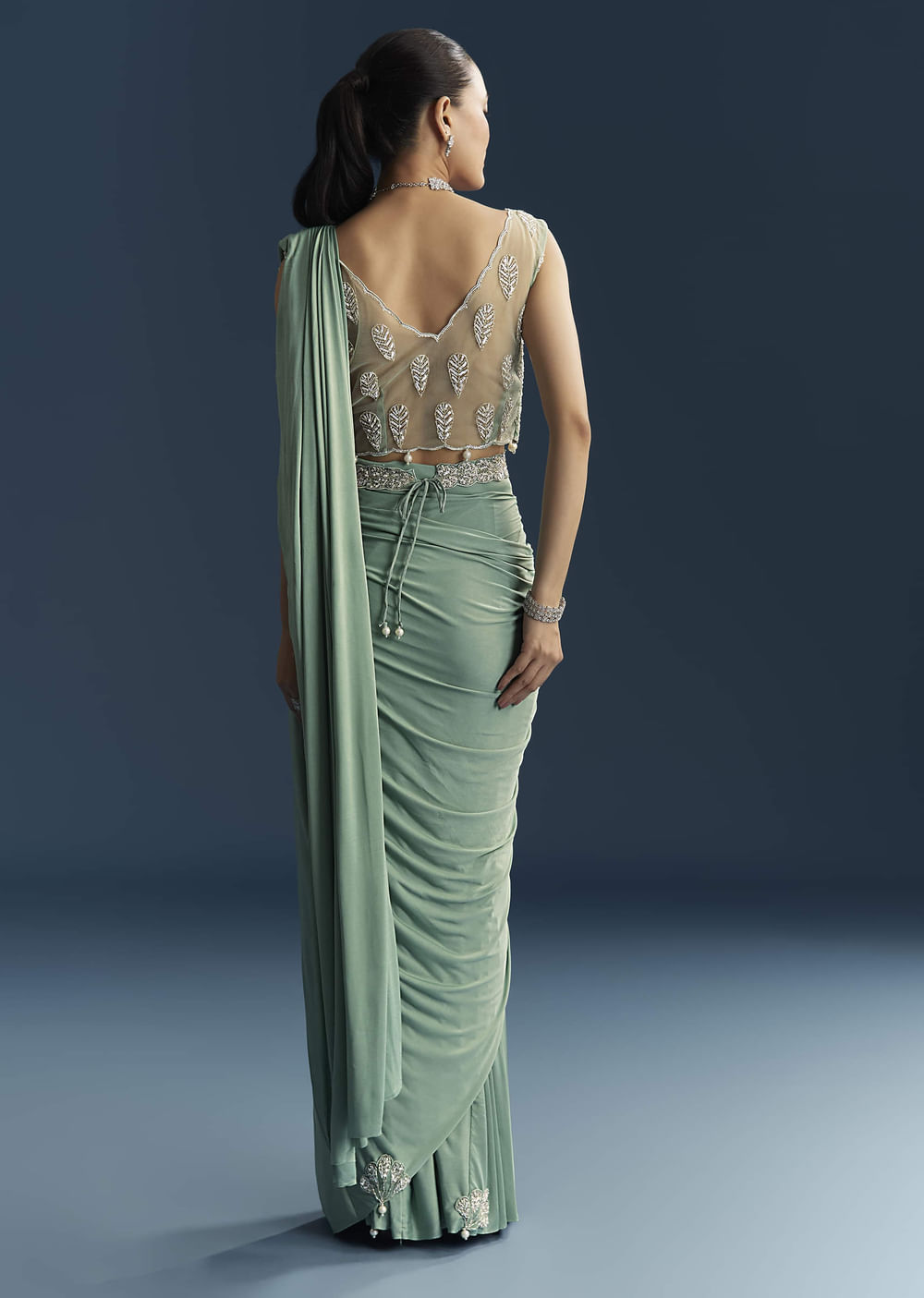 Blue Ready Pleated Saree With Cutdana And Sequins Work