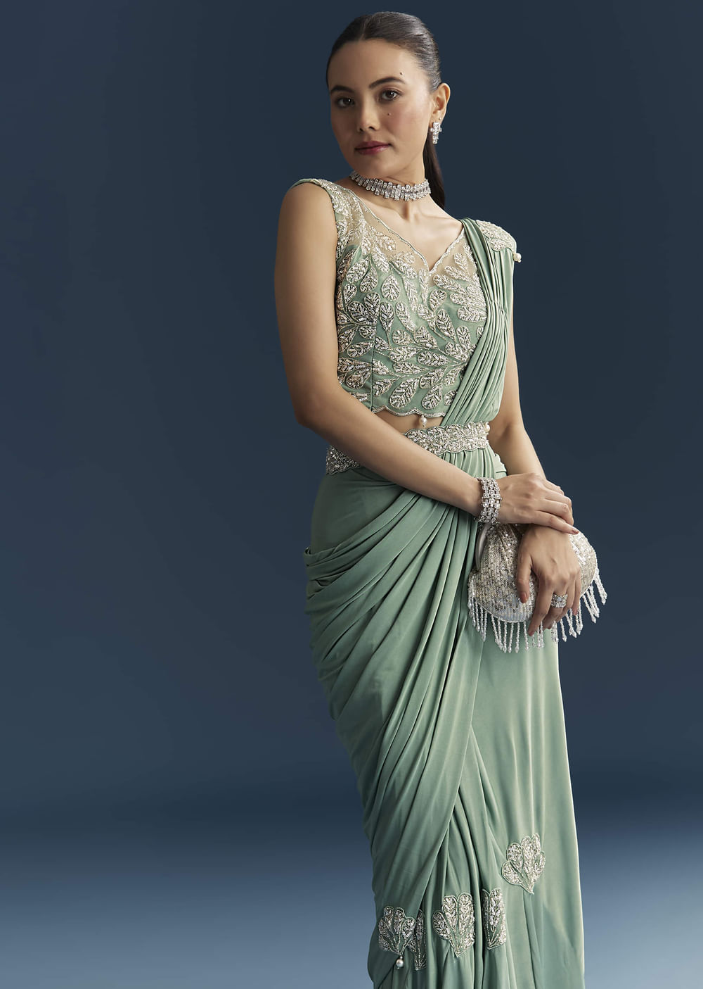 Blue Ready Pleated Saree With Cutdana And Sequins Work