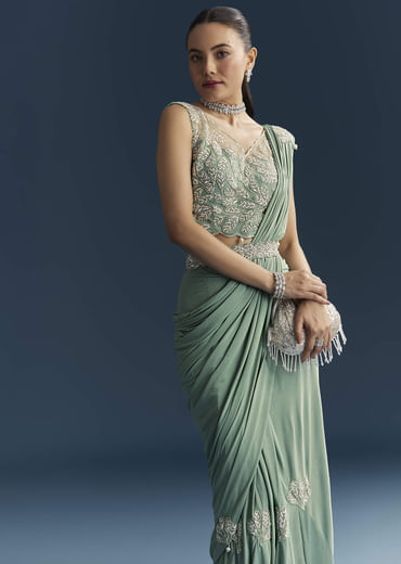Blue Ready Pleated Saree With Cutdana And Sequins Work