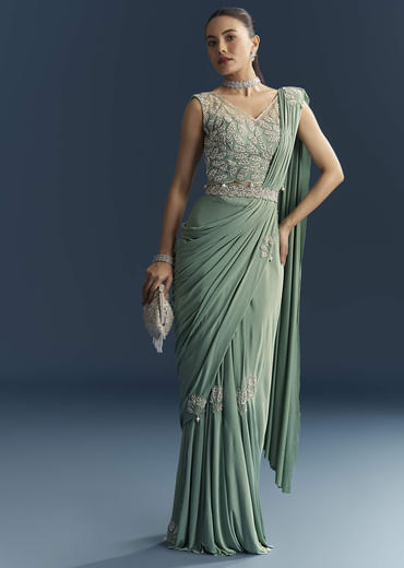 Blue Ready Pleated Saree With Cutdana And Sequins Work