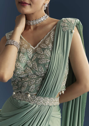 Blue Ready Pleated Saree With Cutdana And Sequins Work