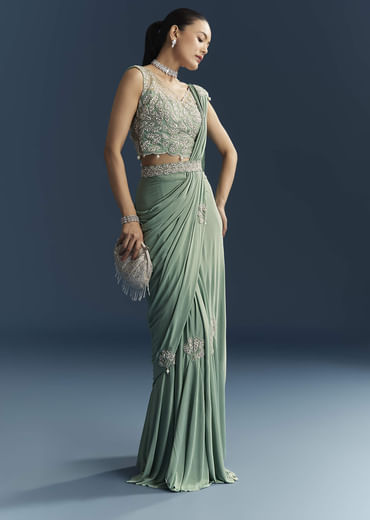 Blue Ready Pleated Saree With Cutdana And Sequins Work