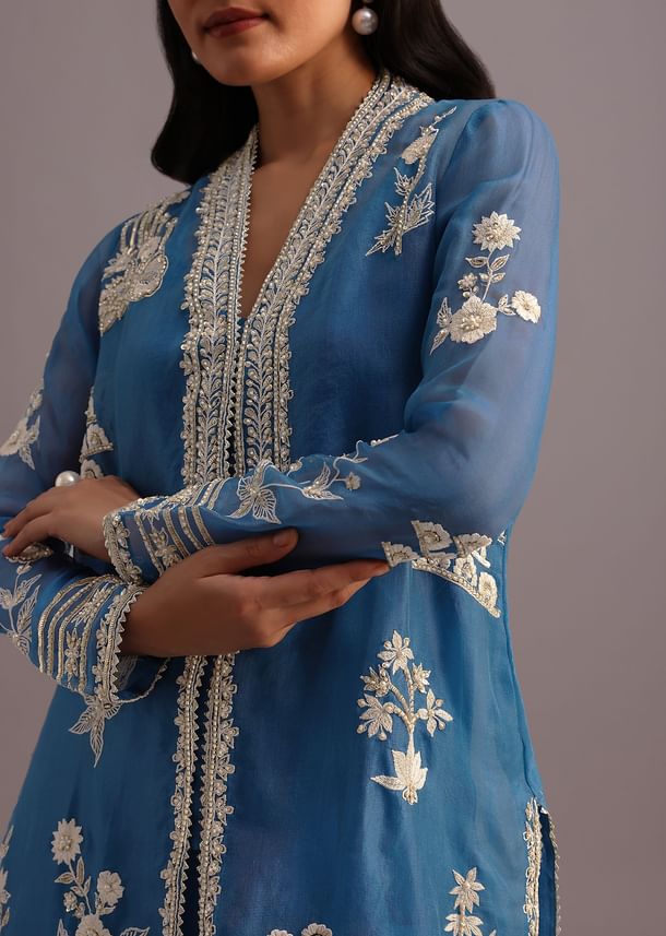 Blue Resham Work Kurti Palazzo Suit