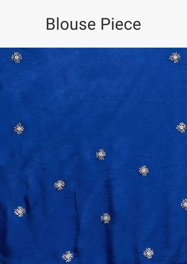 Blue Satin Saree With Stone Embellished Border And Unstitched Blouse Piece