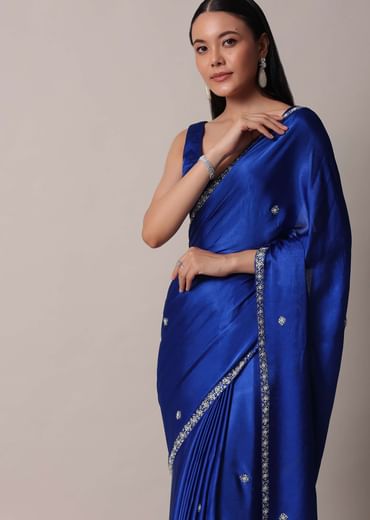 Blue Satin Saree With Stone Embellished Border And Unstitched Blouse Piece