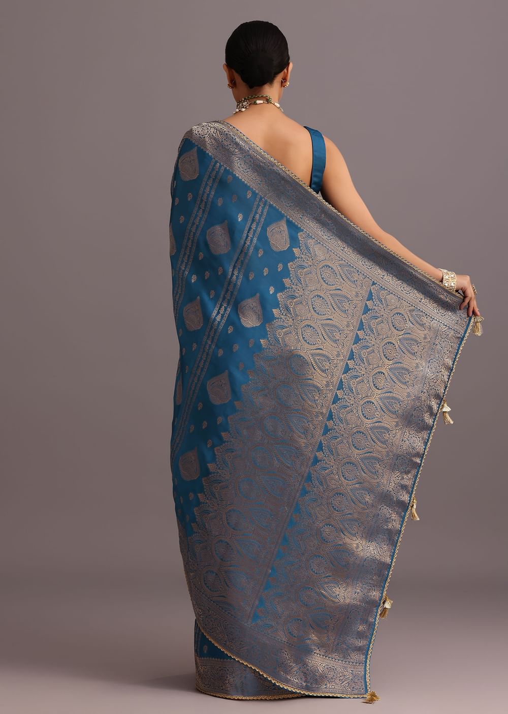 Blue Satin Silk Zari Woven Saree With Brocade Border