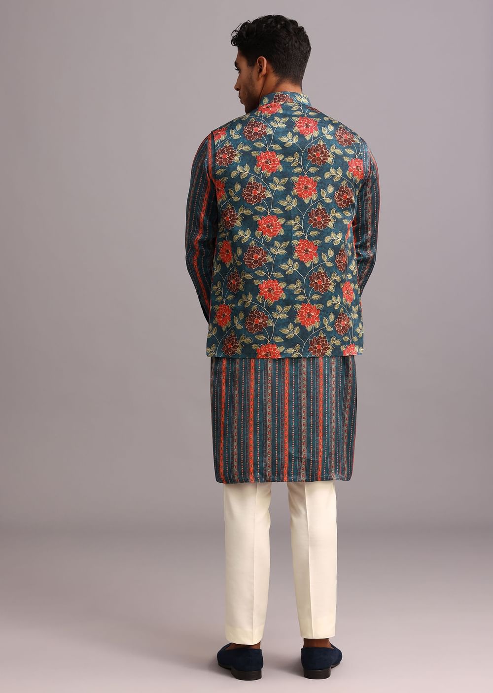 Blue Silk Floral And Stripe Print Jacket Kurta Set
