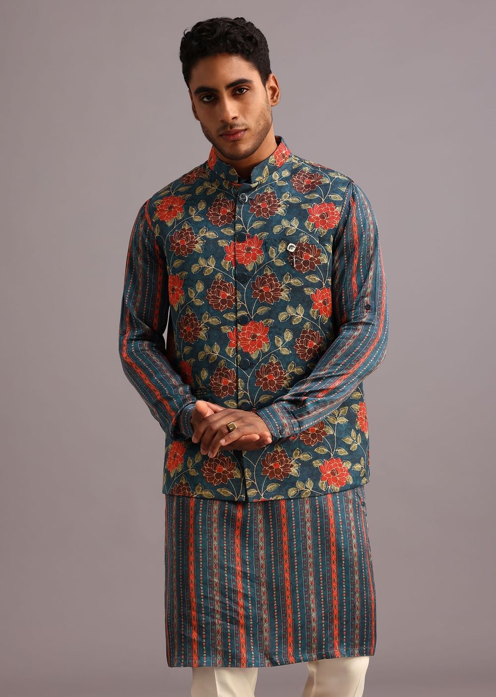 Blue Silk Floral And Stripe Print Jacket Kurta Set
