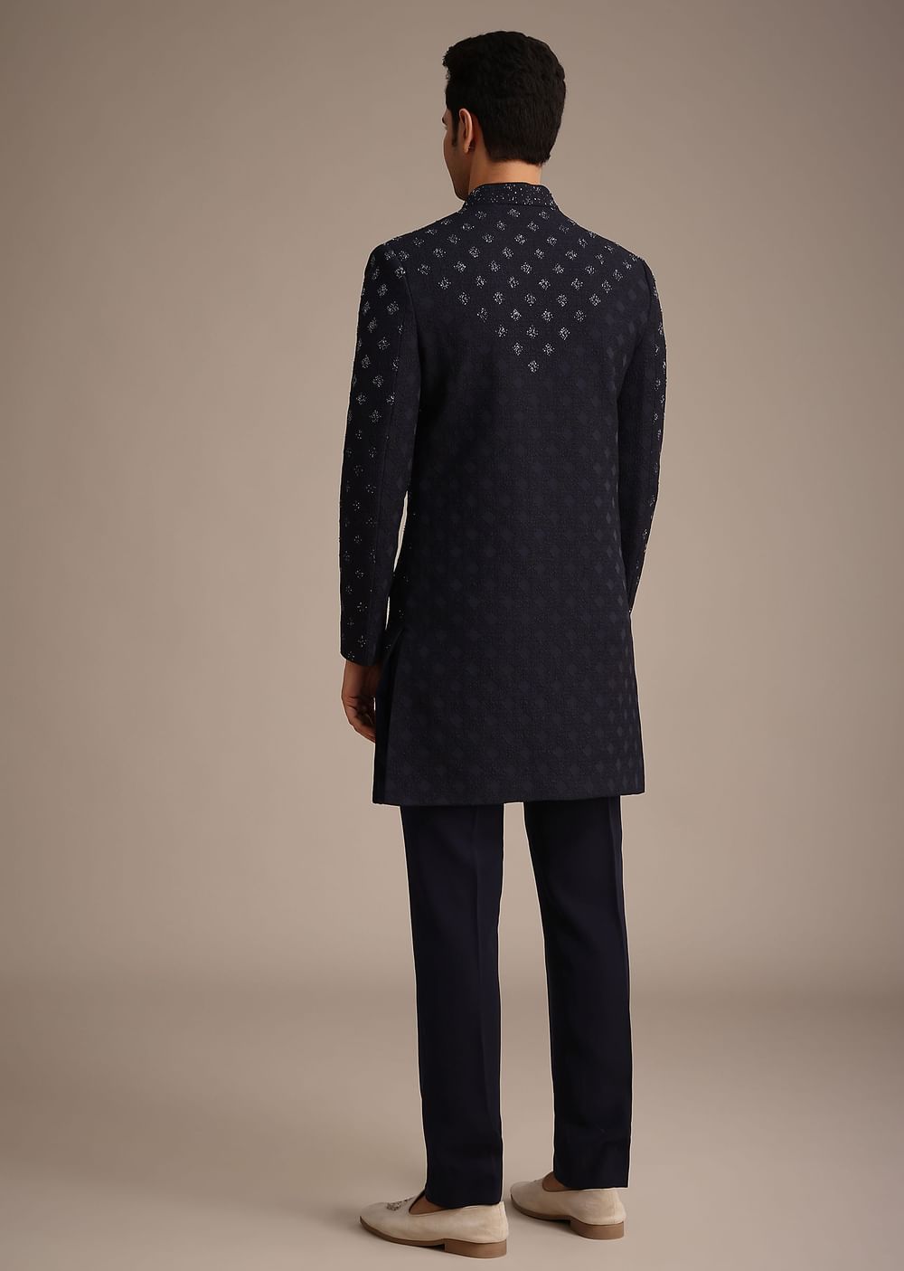 Blue Silk Indowestern Set With Cutdana Work