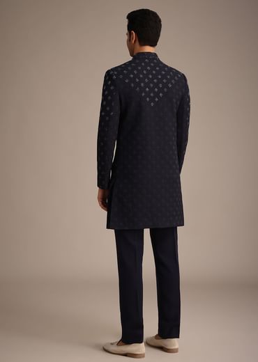 Blue Silk Indowestern Set With Cutdana Work