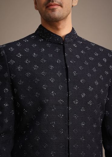 Blue Silk Indowestern Set With Cutdana Work