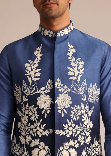 Blue Silk Jacket Set With Dori Work