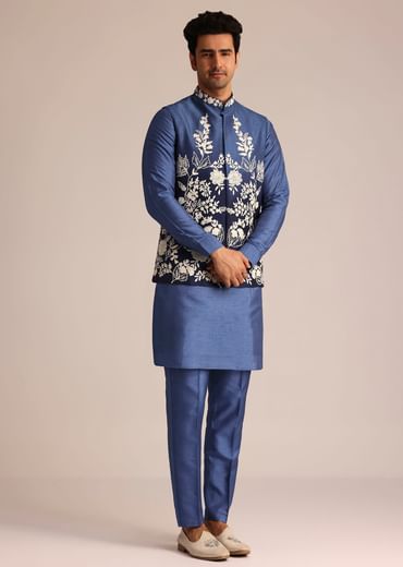 Blue Silk Jacket Set With Dori Work