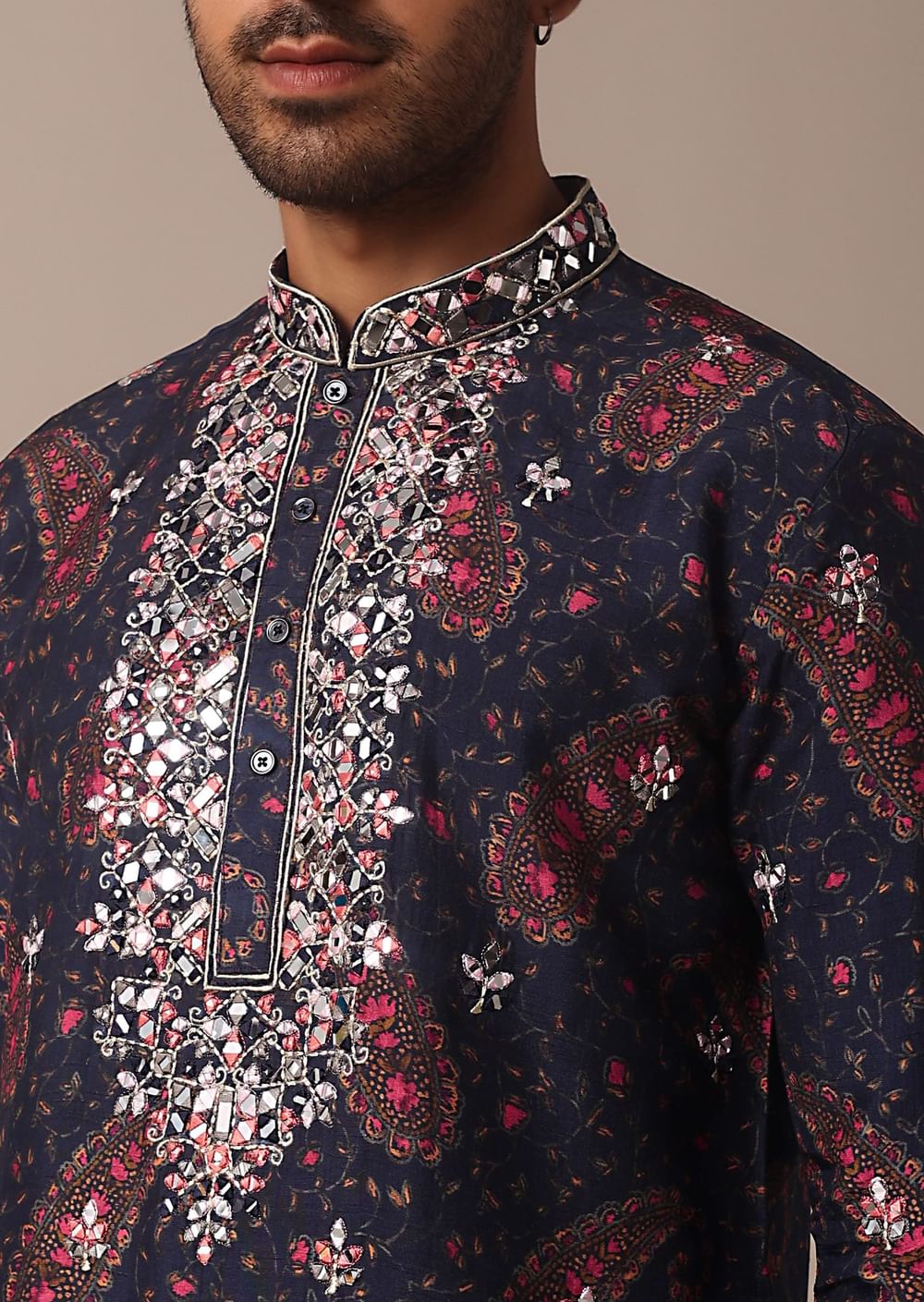 Blue Silk Kurta Set With Intricate Thread And Mirror Work Embroidery