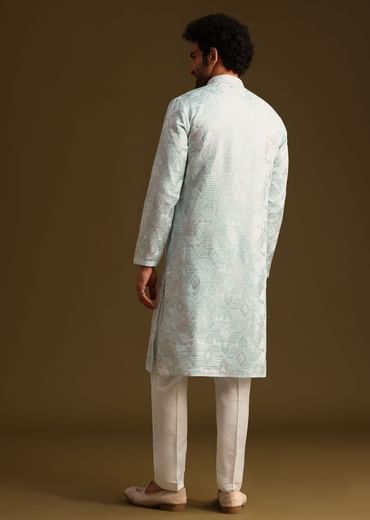 Blue Silk Mandarin Collar Kurta Set With Embroidered Yoke