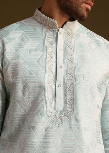 Blue Silk Mandarin Collar Kurta Set With Embroidered Yoke