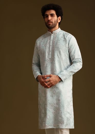 Blue Silk Mandarin Collar Kurta Set With Embroidered Yoke