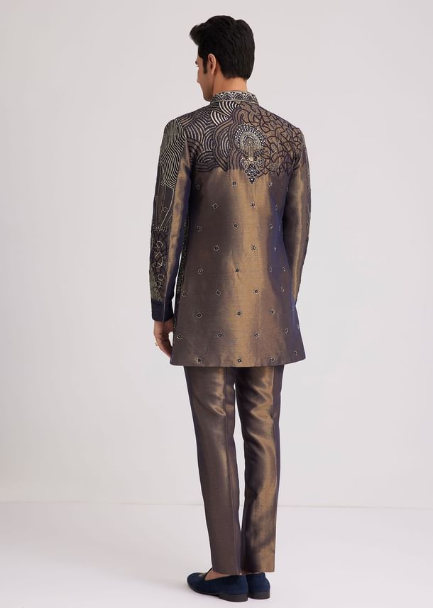 Blue Silk Open Sherwani Set With Zardosi And Mirror Work