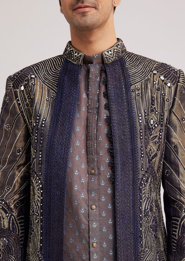 Blue Silk Open Sherwani Set With Zardosi And Mirror Work