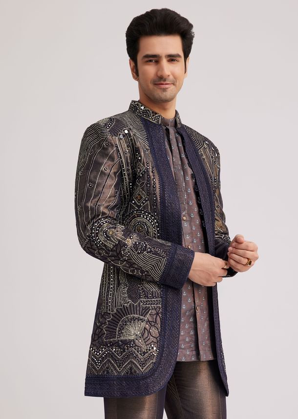 Blue Silk Open Sherwani Set With Zardosi And Mirror Work