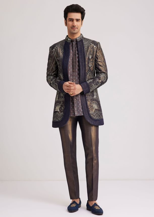 Blue Silk Open Sherwani Set With Zardosi And Mirror Work