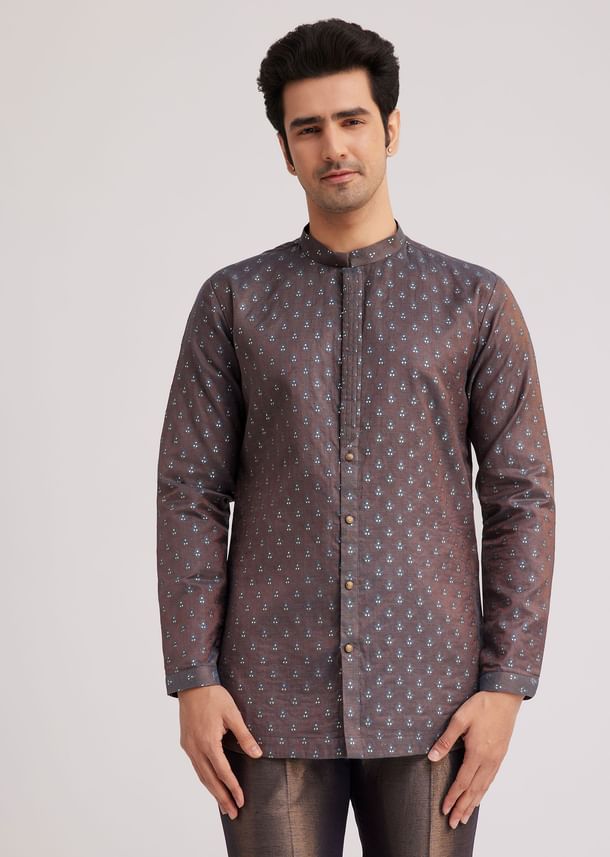 Blue Silk Open Sherwani Set With Zardosi And Mirror Work