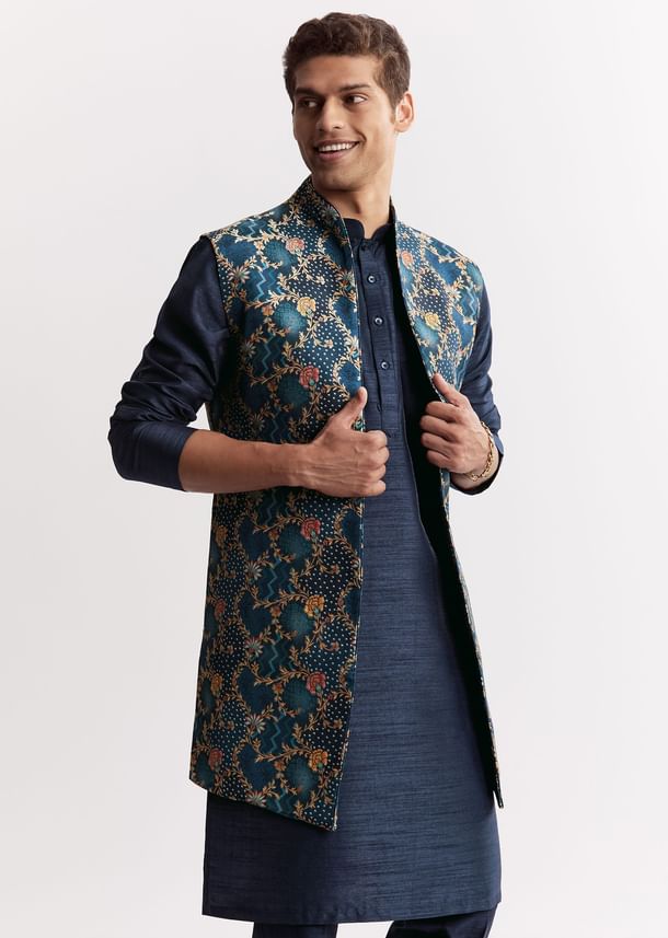 Blue Silk Printed Jacket Kurta Set With Floral Motifs