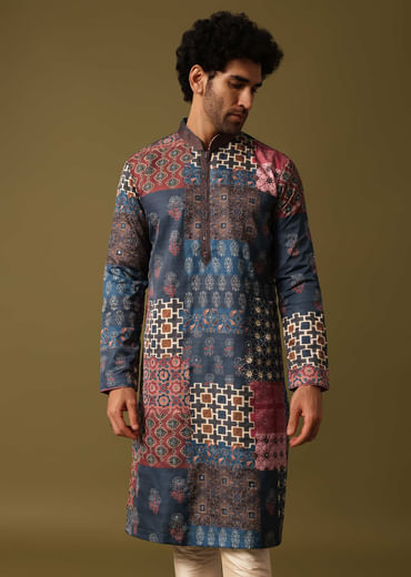 Blue Silk Printed Kurta Pyjama For Men