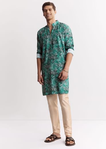 Blue Silk Printed Kurta Set With Zipper