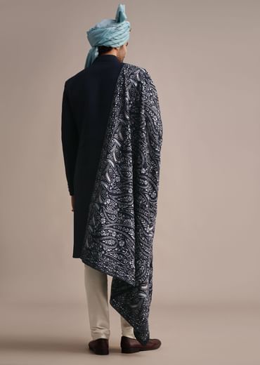 Blue Silk Sherwani With Pashmina Dupatta
