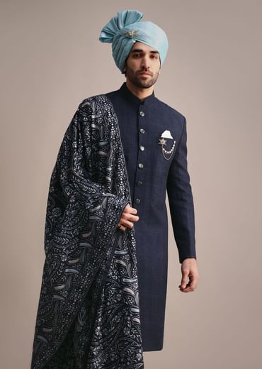 Blue Silk Sherwani With Pashmina Dupatta