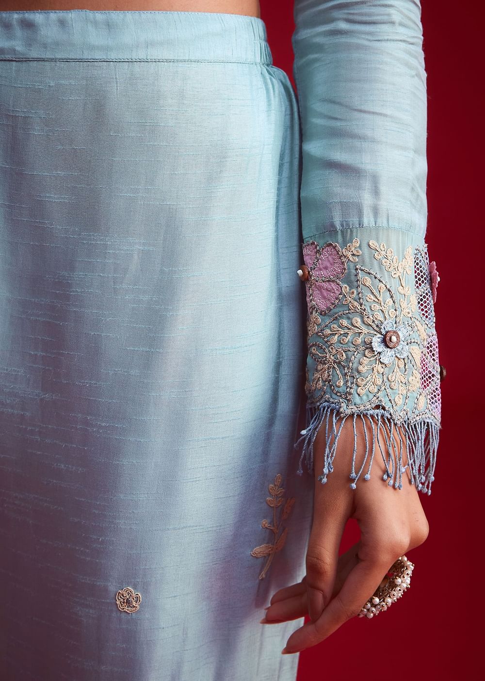 Blue Silk Threadwork And Patch Work Kurta Pant Set
